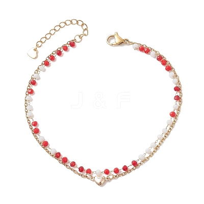 Bohemian Handmade Faceted Rondelle Glass Beaded Chains & 304 Stainless Steel Cable Chain 2-Strand Anklets for Women AJEW-AN00780-1