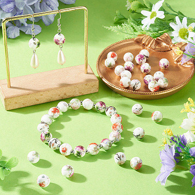 24Pcs 4 Colors Handmade Flower Printed Porcelain Ceramic Beads PORC-TADJ0001-07-1