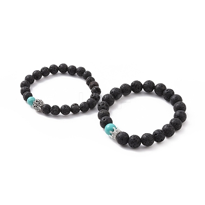 Couples Natural Lava Rock Stretch Bracelets BJEW-JB03315-01-1
