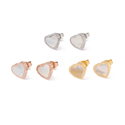 6 Pairs Natural White Shell Heart Stud Earrings EJEW-G291-02M-1