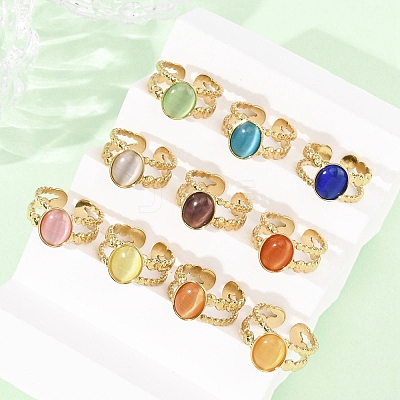 304 Stainless Steel with Glass Cat Eye Cuff Rings for Women RJEW-K309-40A-1