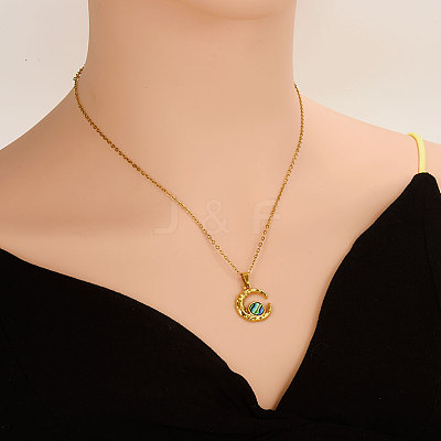 304 Stainless Steel Pave Natural Paua Shell Crescent Moon Pendant Necklaces ZQ6791-3-1