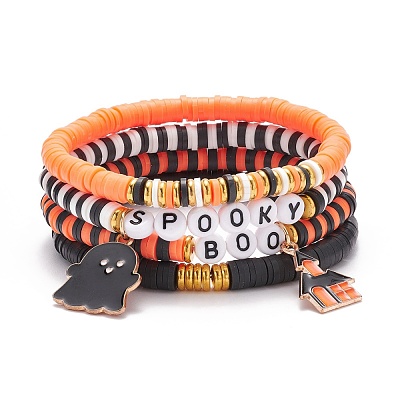 4Pcs 4 Style Polymer Clay Heishi Surfer Stretch Bracelets Set with Word Spooky Boo Acrylic Beads BJEW-TA00127-1