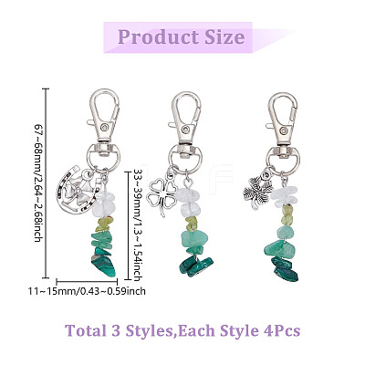 12Pcs 3 Styles Natural Peridot & Quartz Crystal & Green Aventurine & Malachite Chips Pendant Decorations HJEW-GO00101-1
