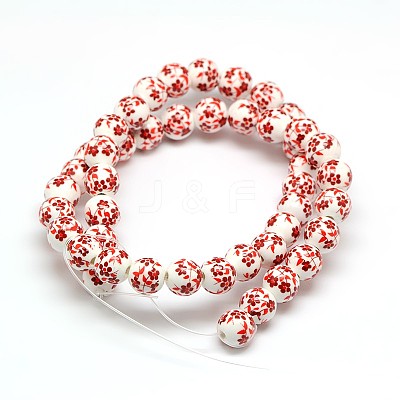 Handmade Flower Printed Porcelain Ceramic Beads Strands PORC-M006-8mm-14-1