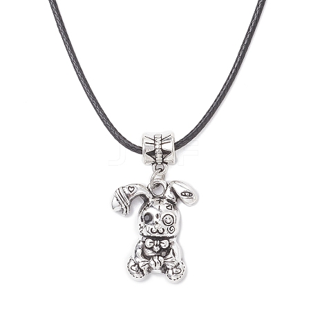 Alloy with Black Glass Rabbit Pendant Waxed Cord Necklaces for Women NJEW-JN05540-1