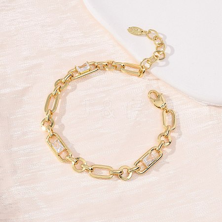 Ring & Paperclip Brass Micro Pave Cubic Zirconia Link Chain Bracelets for Women BJEW-D458-04G-02-1