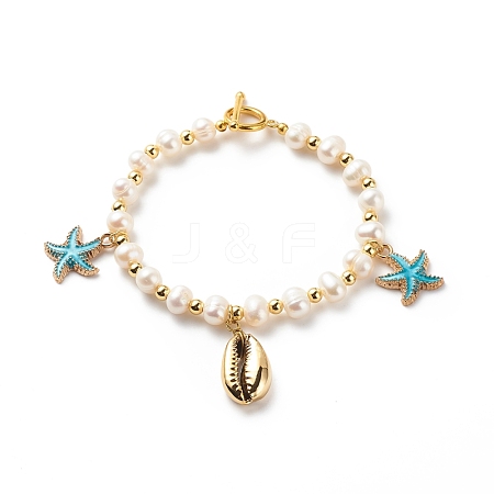 Natural Shell & Alloy Enamel Starfish Charms Bracelet BJEW-JB08636-1