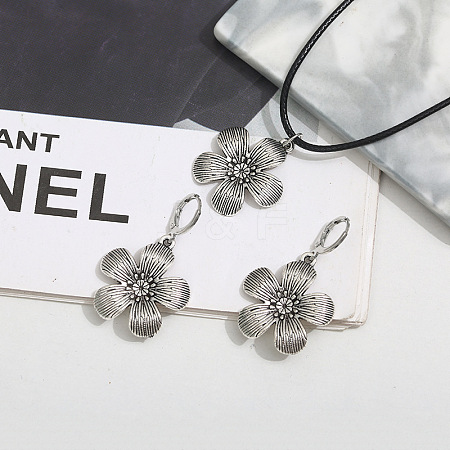 Flower Alloy with Imitation Leather Cord Pendant Necklace & Hoop Earring Sets FS-WGDD3CA-01-1