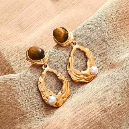 304 Stainless Steel Tiger Eye Stone Oval Dangle Stud Earrings EJEW-R027-02G-1