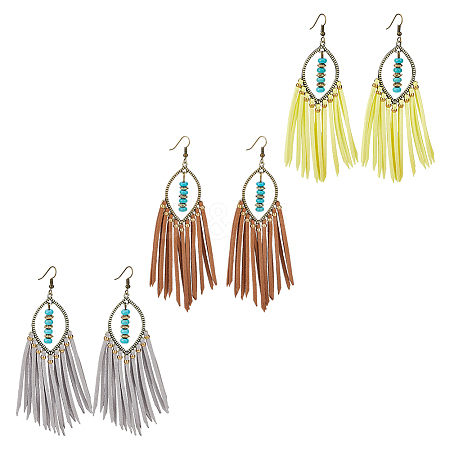 FIBLOOM 3 Pairs 3 Colors Imitation Leather Tassel Chandelier Earrings EJEW-FI0002-37-1