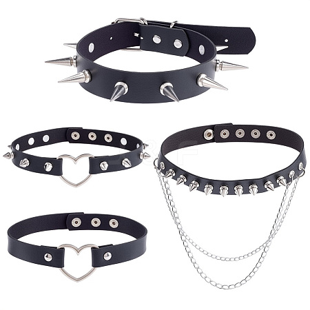 4Pcs 4 Styles Gothic Style Spiked Rivet Imitation Leather Chocker Necklaces NJEW-CL0001-19-1