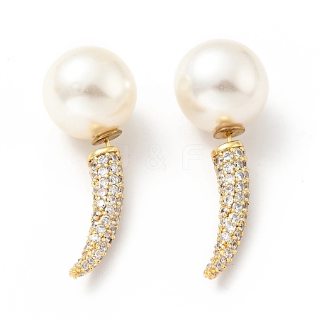Clear Cubic Zirconia Horn with Acrylic Pearl Front Back Stud Earrings EJEW-G295-02A-G-1