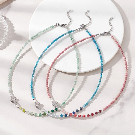 Natural Mixed Stone Faceted Round and Dyed Malaysia Jade & Pearl Beaded Necklaces with Brass Micro Pave Clear Cubic Zirconia Cross NJEW-JN05975-1
