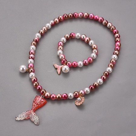 Plastic Imitation Pearl Stretch Bracelets and Necklace Jewelry Sets SJEW-JS01053-03-1