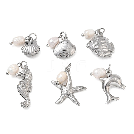 Ocean Sea Animals 304 Stainless Steel & Natural Freshwater Pearl Pendants PALLOY-JF06025-1
