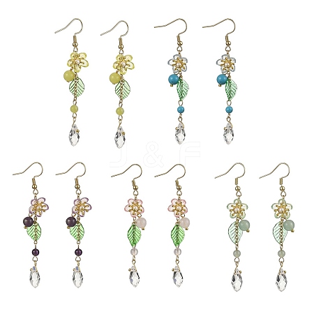 5Pair Amethyst/Green Aventurine/Lemon Jade/Synthetic Turquoise/Rose Quartz & Acrylic Dangle Earrings EJEW-JE06196-S-1