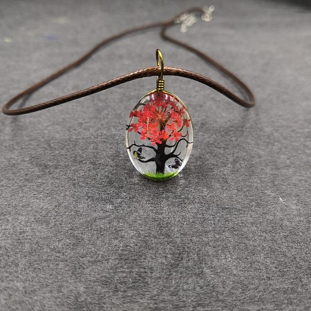 Alloy Wire Wrapped Oval Glass Inner Dried Flower Tree Pendant Waxed Cord Necklaces for Women FS-WG6B63C-13-1