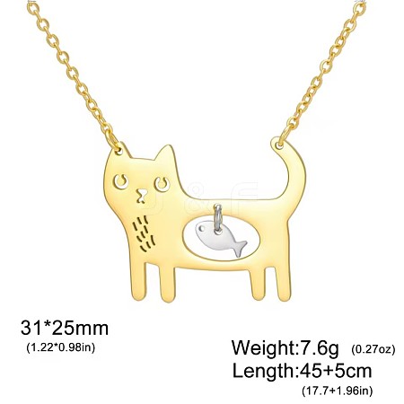 Two Tone 304 Stainless Steel Holow Cute Cat with Fish Pendant Necklaces for Women WGEC842-04-1