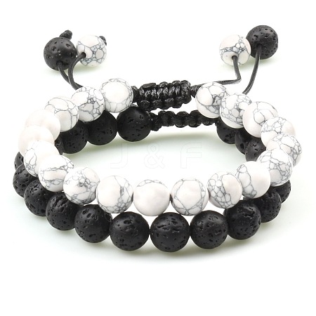 Adjustable Round Natural Howlite & Lava Rock Braided Bead Bracelet Sets MW1099-6-1