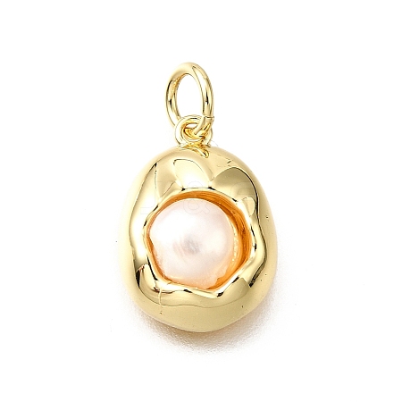 Brass Pave Natural Pearl Oval Charms KK-V011-45A-G-1