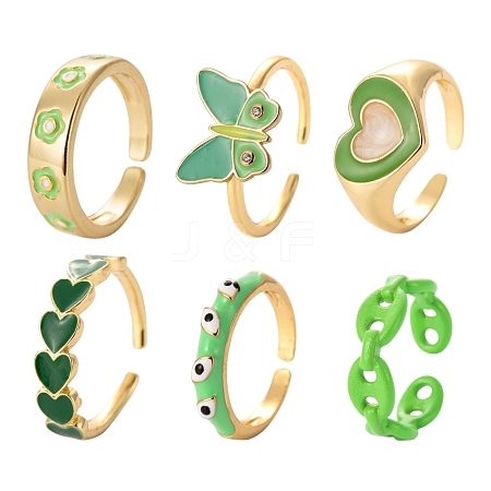 6Pcs 6 Style Spray Painted Brass & Brass Enamel & Micro Pave Cubic Zirconia Cuff Rings RJEW-LS0001-38-1