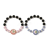 2Pcs 2 Colors Handmade Printed Porcelain Floral Flat Round & Round Natural Lava Rock Beaded Stretch Bracelet Sets BJEW-JB14186-3