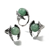 Natural Green Aventurine Wings Adjustable Rings RJEW-K241-04AS-12-4