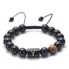 10MM Natural Black Onyx(Dyed & Heated) and Tiger Eye Alphabet Round Braided Bead Adjustable Bracelets for Women DM6424-25-1