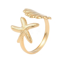 304 Stainless Steel Starfish & Shell Open Cuff Rings for Women RJEW-C095-09G