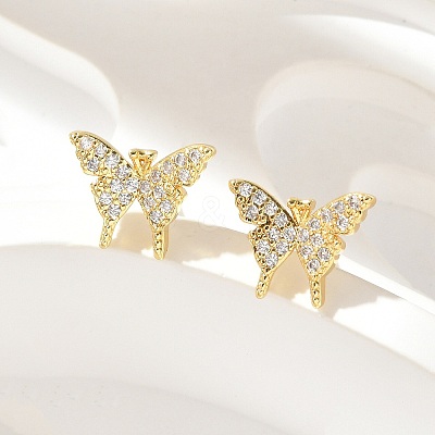 Brass Micro Pave Clear Cubic Zirconia Stud Earrings EJEW-A128-01G-1
