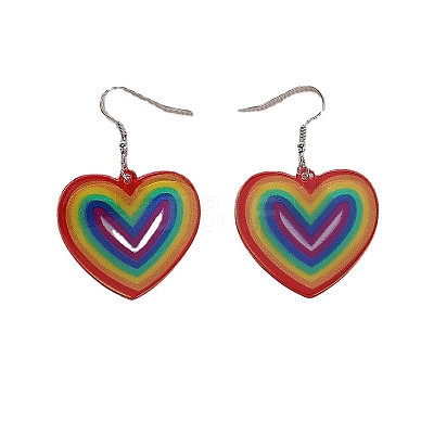 Pride Rainbow Flag Resin Heart Dangle Earrings PW-WG96446-01-1