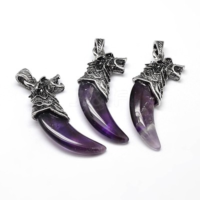 Tusk Shape with Wolf Antique Silver Zinc Alloy Natural Amethyst Big Pendants G-F228-63H-FF-1