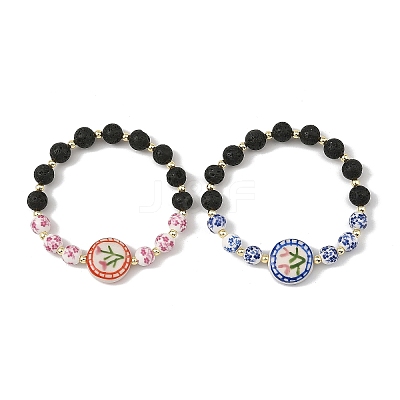 2Pcs 2 Colors Handmade Printed Porcelain Floral Flat Round & Round Natural Lava Rock Beaded Stretch Bracelet Sets BJEW-JB14186-1