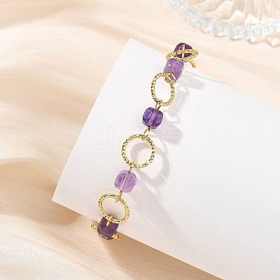 Natural Mixed Gemstone & Brass Open Jump Rings Link Bracelets for Women BJEW-JB14116-1
