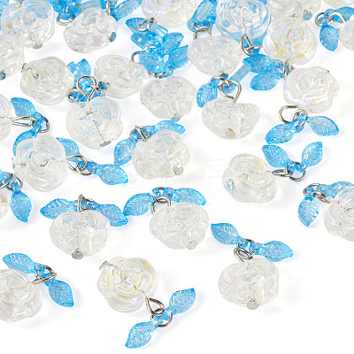 30Pcs Transparent Glass Flower Pendants with Deep Sky Blue Acrylic Leaf PALLOY-TAC0241-1