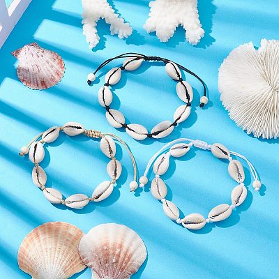 3Pcs 3 Colors Natural Shell Braided Bead Bracelets Set BJEW-JB10111-1