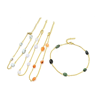 Natural Mixed Gemstone Nuggets Beaded Anklet with PVD Vacuum Plating 304 Stainless Steel Chains AJEW-Z008-04-1