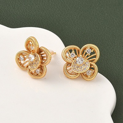 Brass Micro Pave Clear Cubic Zirconia Flower Stud Earrings EJEW-D337-09G-1