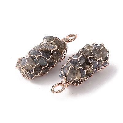 Rack Plating Copper Wire Wrapped Natural Labradorite Chip Big Pendants G-C130-01RG-10-1