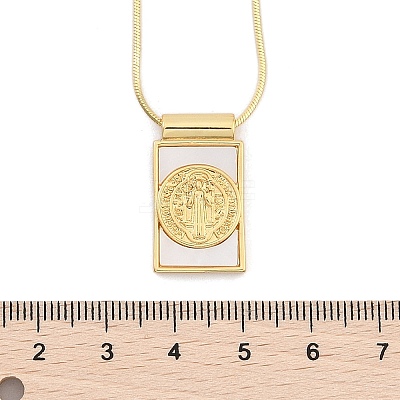 Brass Pave Shell Rectangle Saint Benedict Medal Pendants Necklaces for Women NJEW-Z053-01G-01-1