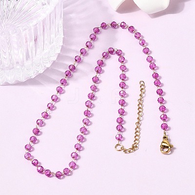 304 Stainless Steel with Glass Faceted Rondelle Bead Handmade Link Chain Birth Stone Necklaces for Women NJEW-G195-01G-08-1