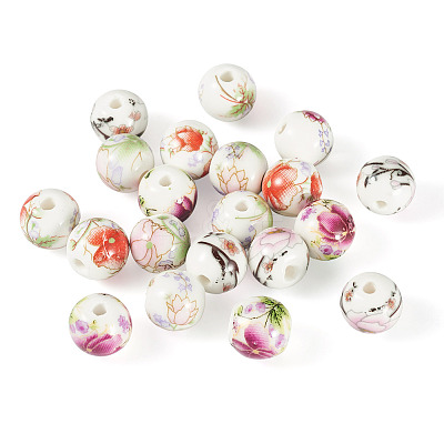 24Pcs 4 Colors Handmade Flower Printed Porcelain Ceramic Beads PORC-TADJ0001-07-1