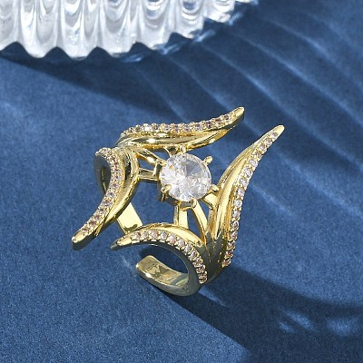 Brass Micro Pave Cubic Zirconia Cuff Open Rings for Women RJEW-L343-09G-01-1