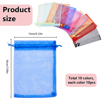 100Pcs 10 Colors Organza Bags Jewellery Storage Pouches Wedding Favour Party Mesh Drawstring Gift OP-SP0001-02-1