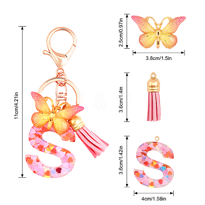 Fashion Alphabet Initial Letter Resin Keychain with Tassel Gradient Butterfly Pendant Key Ring KEYC-WH0027-105A-1