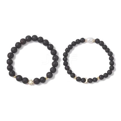2Pcs Natural Lava Rock Round Beads Stretch Bracelets for Women Men BJEW-JB13054-1