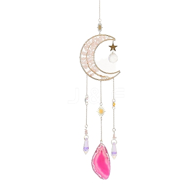 Wire Wrapped Natural Rose Quartz Moon with Tree of Life Pendant Decorations HJEW-K046-07G-05-1