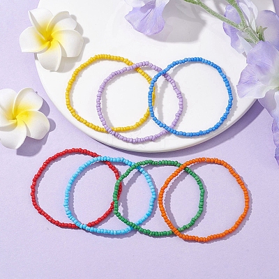 7 PCS Rainbow Style Glass Seed Beads Bracelets Sets for Women BJEW-JB10065-02-1