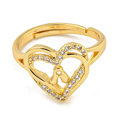 Heart with Letter Rack Plating Brass Micro Pave Clear Cubic Zirconia Adjustable Rings for Women RJEW-I105-01G-A-1